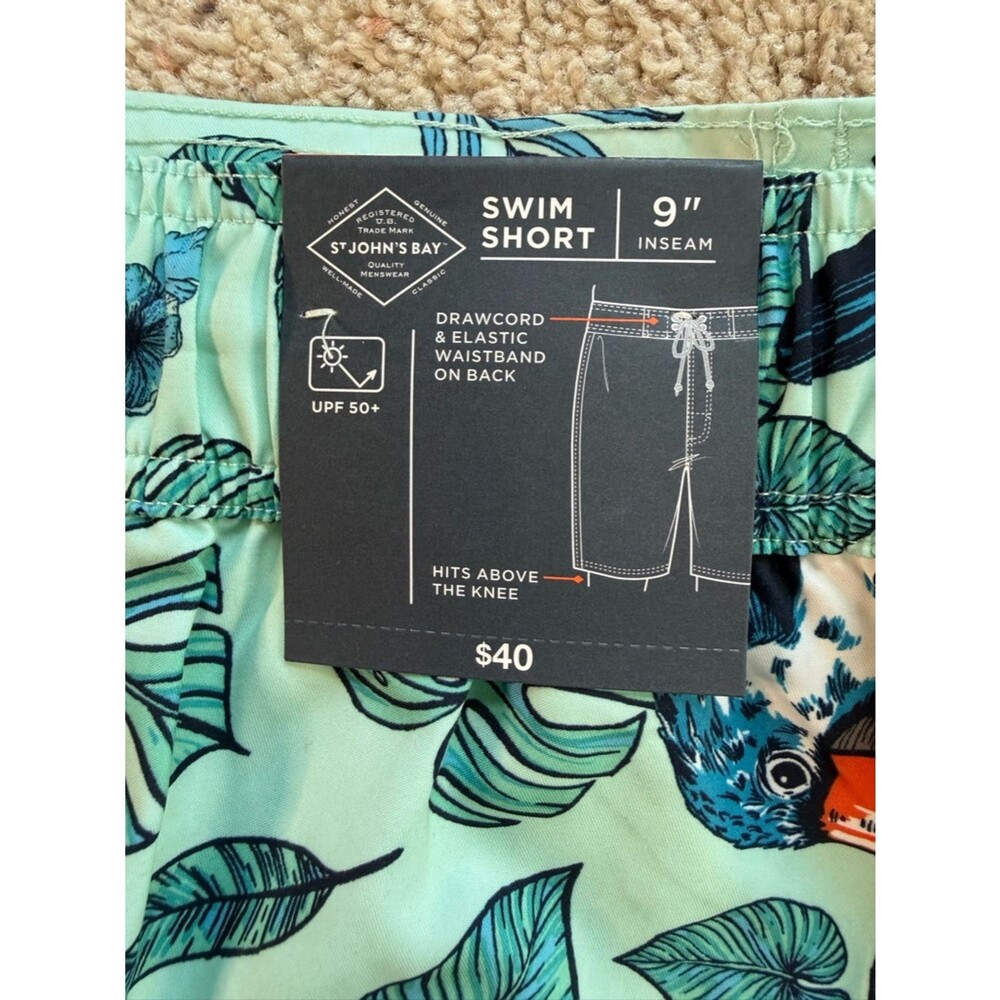 St Johns Bay Mens XXL Swim Trunks NWT Turquoise Toucan Tropical 9 Inseam 2XL - Picture 4 of 4